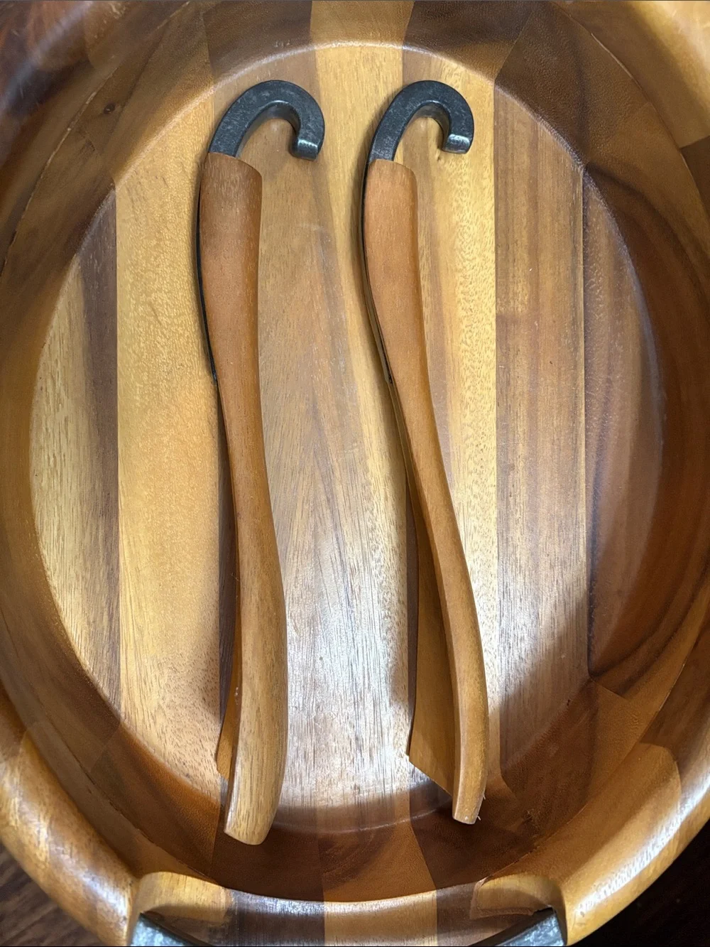 Nambe Acacia Wood Serving Bowl with Servers in Honey Brown and Metal Accents